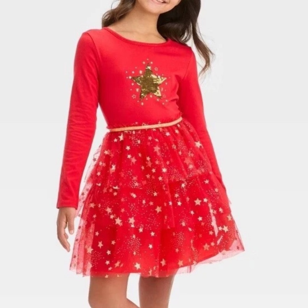 Cat & Jack Girls Long Sleeve Sequin Star Christmas Tutu Dress